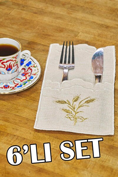Dantelux 6'Lı Keten Çatal & Bıçak Cebi (24x12 cm) - Gold Yaldızlı