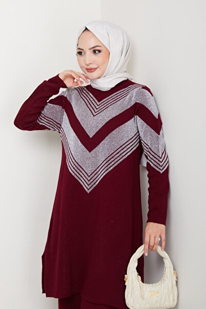 nacar çarşı Kadın Kendinden Simli Uzun Triko Tunik Kazak – Günlük & Şık