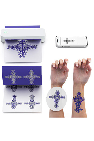 Influential Tech Imprimantă termică portabilă pentru tatuaje, fără fir, Bluetooth, USB, suport A4, alb cocos