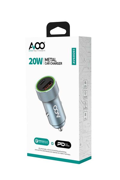 AVOO Avo Car Charger Metallic USB-C, Ultra Compact Dual Port with PD 20W USB-C and Qualcomm QC 3.0