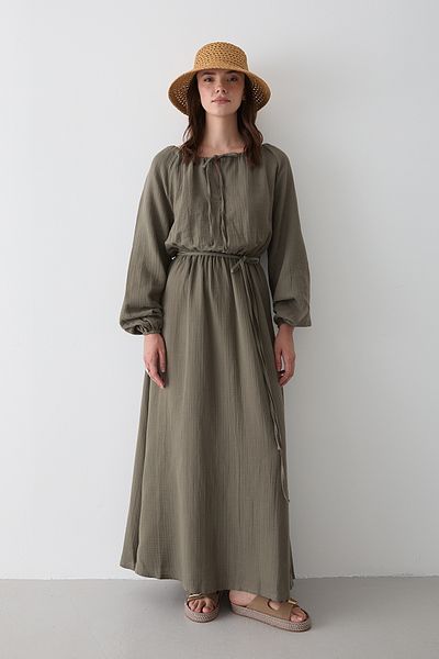 Laluvia Olive Tie Detailed Muslin Dress