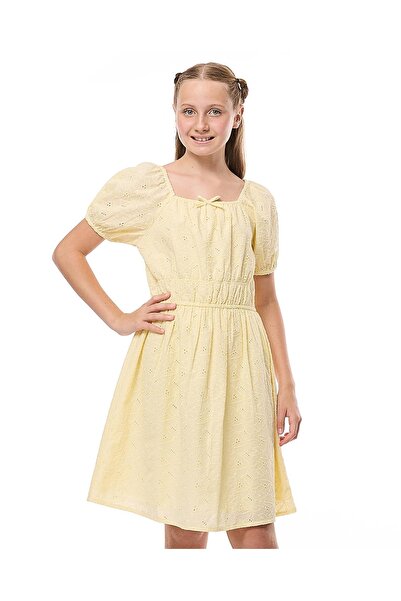 R&B Schiffli Dress with Square Neck and Puff Sleeves