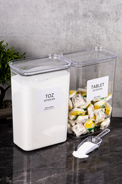 Minya Home 2 Adet Vakum Kapaklı Deterjanlık Seti Tablet & Toz Deterjan Saklama Kabı Ölçekli Hediyeli 3000 ml
