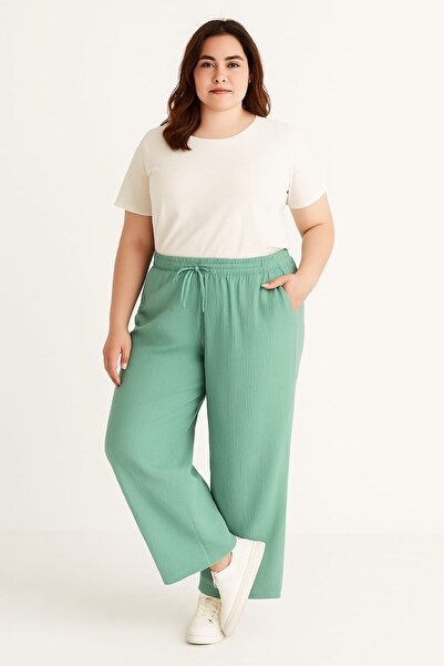 enmodaiçgiyim Plus Size Mint Green 100% Cotton Muslin Fabric Loose Leg Comfortable Fit Women's Trousers with Pockets
