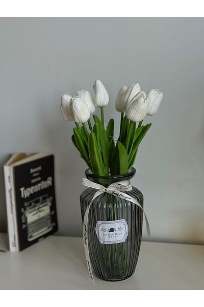 BUCOLIC Elegance Striped Glass Vase Midnight Blue & White Spring - Wet Tulip