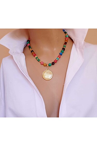 shop Luna Renkli Akik Doğal Taşlı Altın Kaplama Kolye – Hematit & Kristal Det...