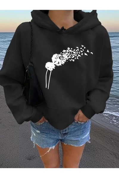 FUFLUNS سويت شيرت بقلنسوة كبير الحجم للجنسين مطبوع عليه الفراشة من KARAHİNDİBA