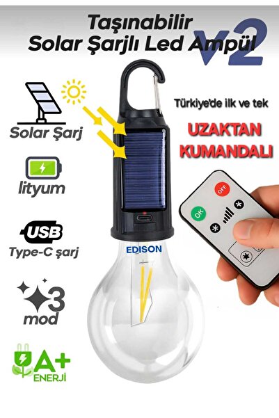 Edison Solar LED Kamp Ampülü | USB Şarjlı Kumandalı Işık