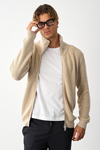 odelon Men's Regular Fit Thessaloniki Knitted Cotton Zippered Stone Knitwear Cardigan