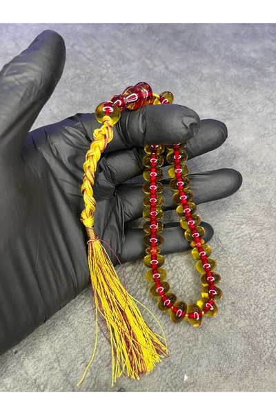 Mos Tespih مسبحة كهرمانية عالية الجودة مع شرابة من الخيط المقطوع بالعجلة