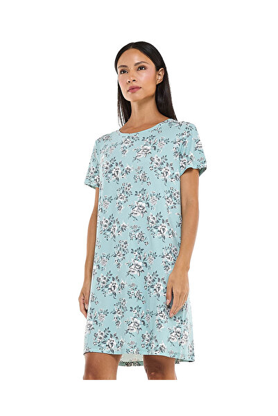 R&B Floral Patterned Nightdress with Crew Neck and Short Sleeves