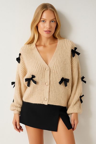 NATUFIAN STORE Women's Beige Bowknot Soft Basic Knitwear Cardigan