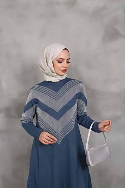 nacar çarşı Kadın Kendinden Simli Uzun Triko Tunik Kazak – Günlük & Şık