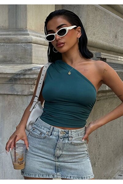 boutiquen Linich&Co One Shoulder and Side Gathered Stretch Crop Blouse Wft4048B