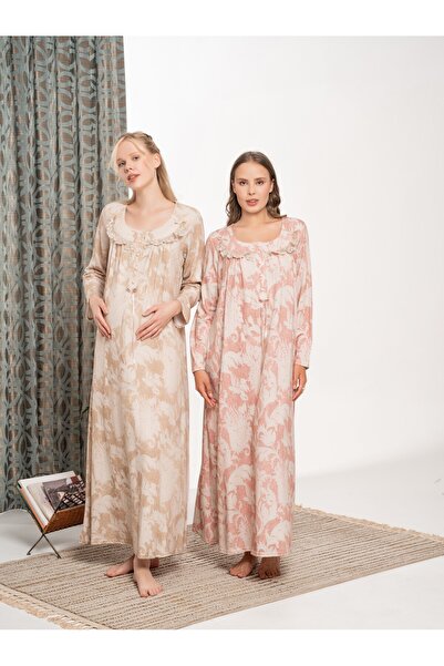 BLACKMORE Dusty Rose Patterned Front Half Button Cotton Oversized (Plus Size) Long Sleeve Nightgown