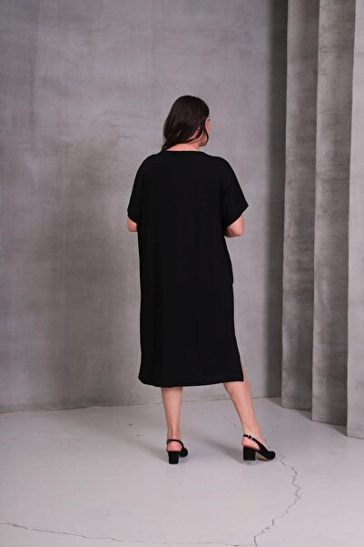 Şans Women's Plus Size Black, Low Sleeve, Beaded Casual Cut Pocket Dress 65N39092