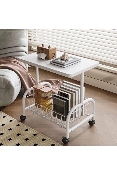 Türkiye 2-Tier Side Table with Wheels, End Table with Removable Storage Basket, Modern Bedside Table for Sma