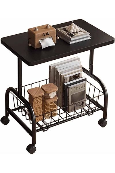 Türkiye 2-Tier Side Table with Wheels, End Table with Removable Storage Basket, Modern Bedside Table for Sma