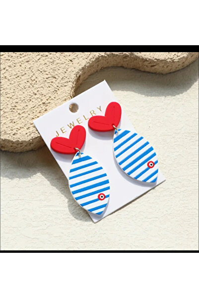 MODA Kırmızı Kalp ve Mavi-Beyaz Çizgili Balık Tasarım Küpe – 5.8x2.5 cm
