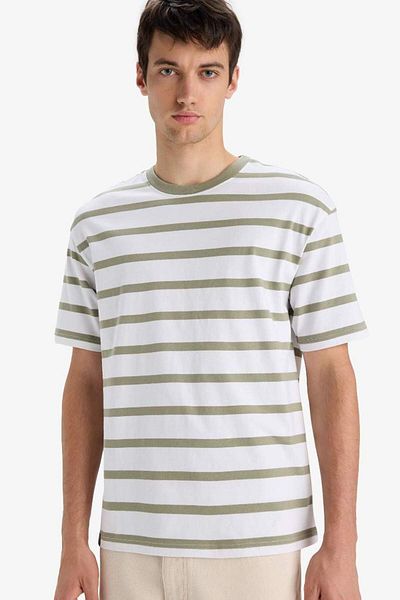 DeFacto New Season 100% Cotton Boxy Fit Relaxed Cut Crew Neck Striped Short Sleeve T-Shirt