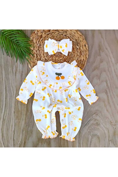 bebe kervanı Kız Bebek % 100 Doğal Pamuklu Sarı Kirazlı 2'li Tulum Seti BBK1294