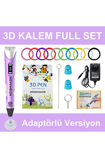 Kidsmaker Mor 3D Kalem Full Set-Adaptörlü-Şablon Kitabı-Filament-Temizleme Çu...