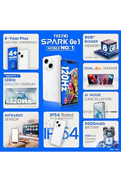 TECNO هاتف Spark GO 1 (أبيض لامع، سعة تخزين 4 جيجابايت + 64 جيجابايت) | 4 سنوات فأكثر من الاستخدام دون انقطاع | شاشة عرض سلسة 6.67 بوصة وتردد 120 هرتز