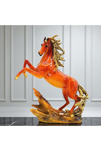 Kuzey Tacı Dekoratif Polyester At Heykeli – Altın ve Turuncu Renkli Şahlanan ...