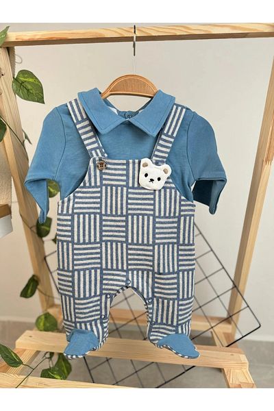 Minizade Appliqued Striped Teddy Bear Booties Baby Jumpsuit Unisex Seasonal Jumpsuit
