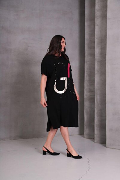 Şans Women's Plus Size Black, Low Sleeve, Beaded Casual Cut Pocket Dress 65N39092