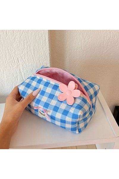 PİNKUE Blue Gingham Cotton Makeup & Editing Bag