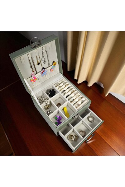 Kuzey Tacı صندوق مجوهرات كبير الحجم - منظم مجوهرات وإكسسوارات متعدد العيون مع مرآة Vip
