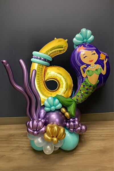PARTİAVM 6 Years Old Mermaid Tail Seashell 76cm Gold Gold Number Balloon Mermaid Mermaid Concept