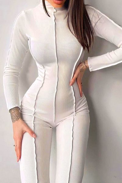 FashionForYou Gazelle sports jumpsuit, with high collar and back zipper, White, L
