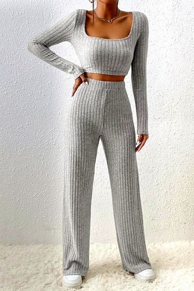 FashionForYou Charlotte tetra suit, with crop top, wide neckline and loose pants, Grey, XL