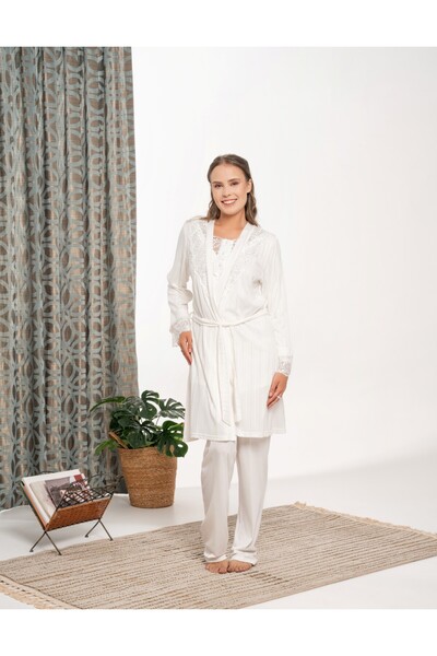 BLACKMORE Ecru Jacquard Special Lace Design Cotton Long Sleeve Maternity Maternity Pajama Set with Dress 3 Piece Pajama Set