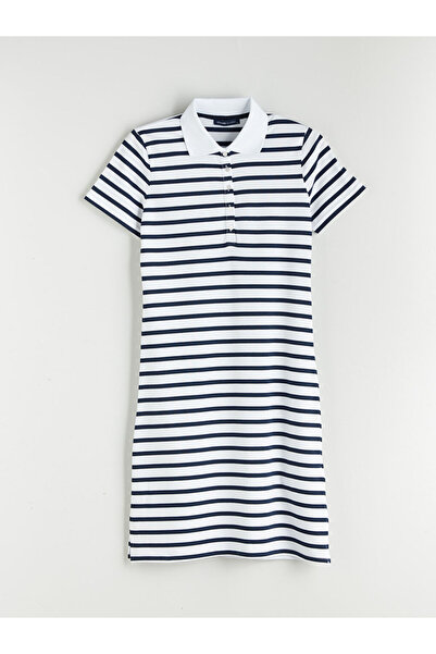 LC Waikiki Тъмносиня рокля с поло яка и райета