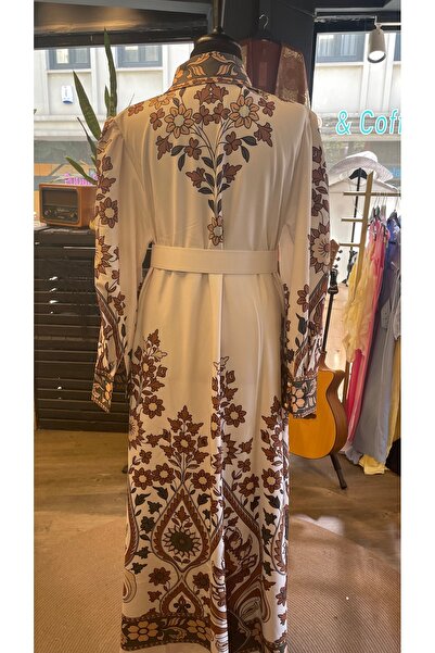 Jennyfer Women's Floral Print Detailed Atlas Fabric Design Belted Long Dress