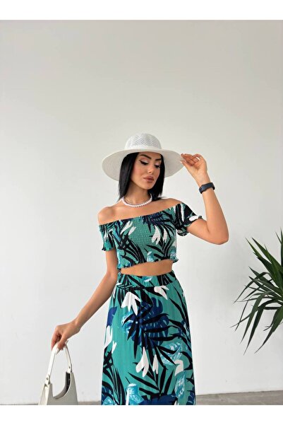 edz moda moda ve tarzın buluştuğu nokta Women's Green Woven Double Blouse-Skirt Set Trend