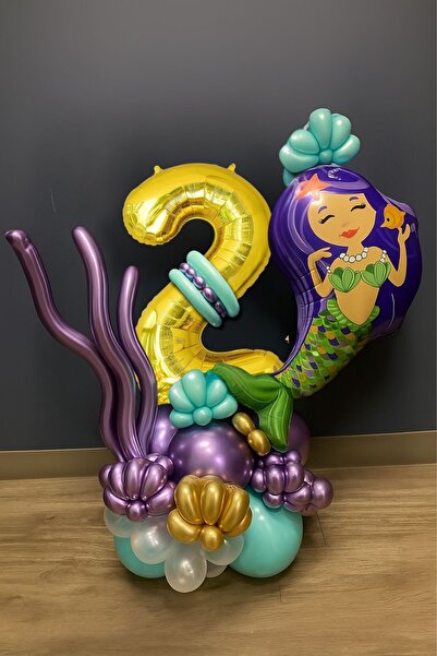 PARTİAVM 2 Years Old Mermaid Tail Seashell 76cm Gold Gold Number Balloon Mermaid Mermaid Concept