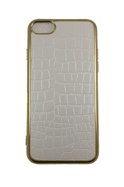 OEM Case compatible with IPhone 7, imitation Crocodile leather, White with Gold edges