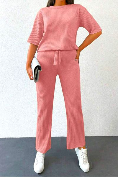 FashionForYou Risha casual thin knit set, long blouse and loose drawstring pants, Pink, L
