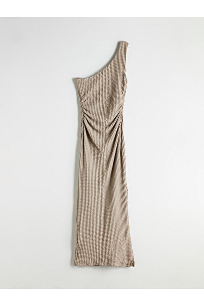 LC Waikiki Kahverengi Tek Omuz Büzgülü Elbise