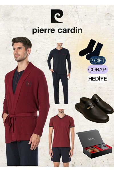 Pierre Cardin 5 Piece Knitwear Robdöşambr & Long Sleeve - Short Sleeve Combed Cotton Pajama Set & Leather Slippers & Belt Wallet Set