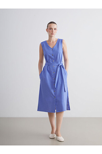 LC Waikiki Purple V-Neck Belted Dress