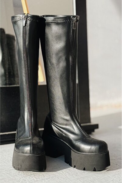 I Love Shoes Vodsen Streç Mat Deri Siyah Kalın Taban Kadın Çizme