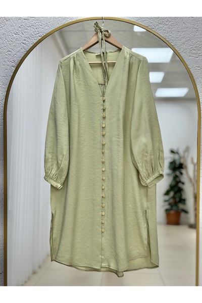 BENAHOLL Lunana Önü Düğmeli Biyeli Modal Cupra Uzun Tunik-EK612 Çağla Yeşili