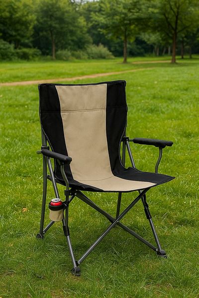 MOSTAFA Folding Travel Chair with Cup Holder, Beige and Black
