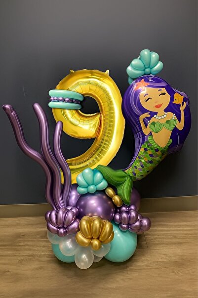 PARTİAVM 9 Years Old Mermaid Tail Seashell 76cm Gold Gold Number Balloon Mermaid Mermaid Concept