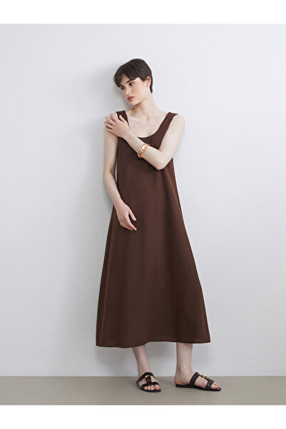 LC Waikiki New Season from Güli̇s Gi̇yi̇m Brown U-Neck A-Line Linen Blend Dress